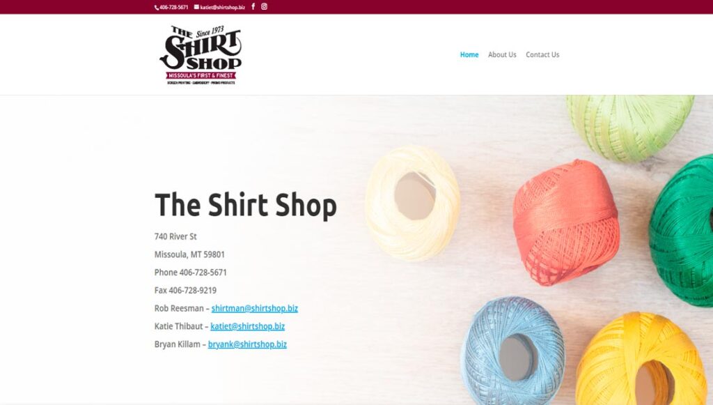 The Shirt Shop website homepage