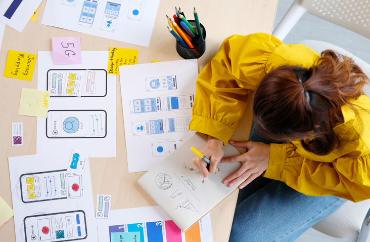 Website designer, Creative planning phone app development sketch template layout framework wireframe design, User experience concept, Overhead view of young woman UX designer thinking out web structure at home office
