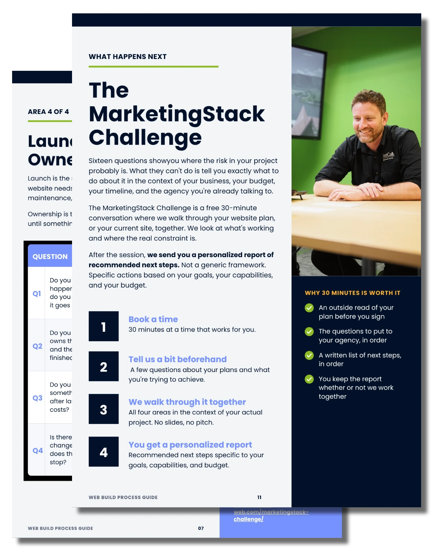 Inside pages of the Web Build Process Guide showing the Launch and Ownership questions and the next steps page